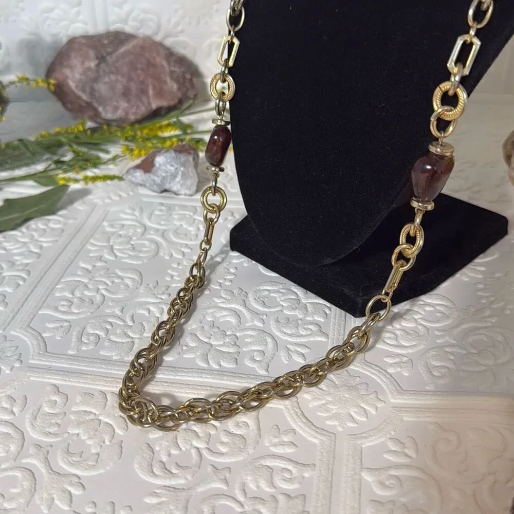 Vintage Gold Tone Long Chunky Chain Necklace With‎ Faux Amber Beads 30”